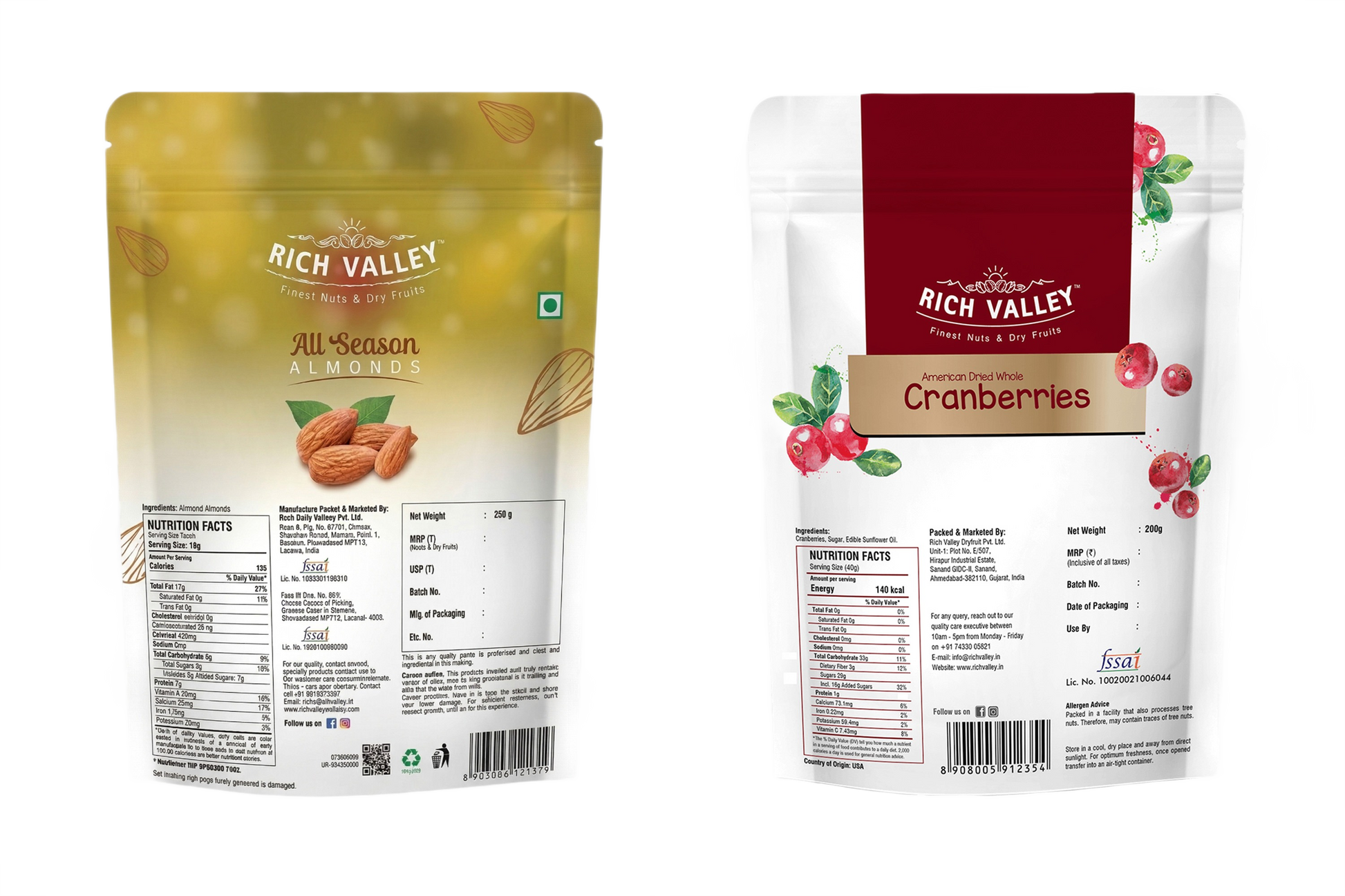 Two Rich Valley packages of almonds and cranberries on white background
