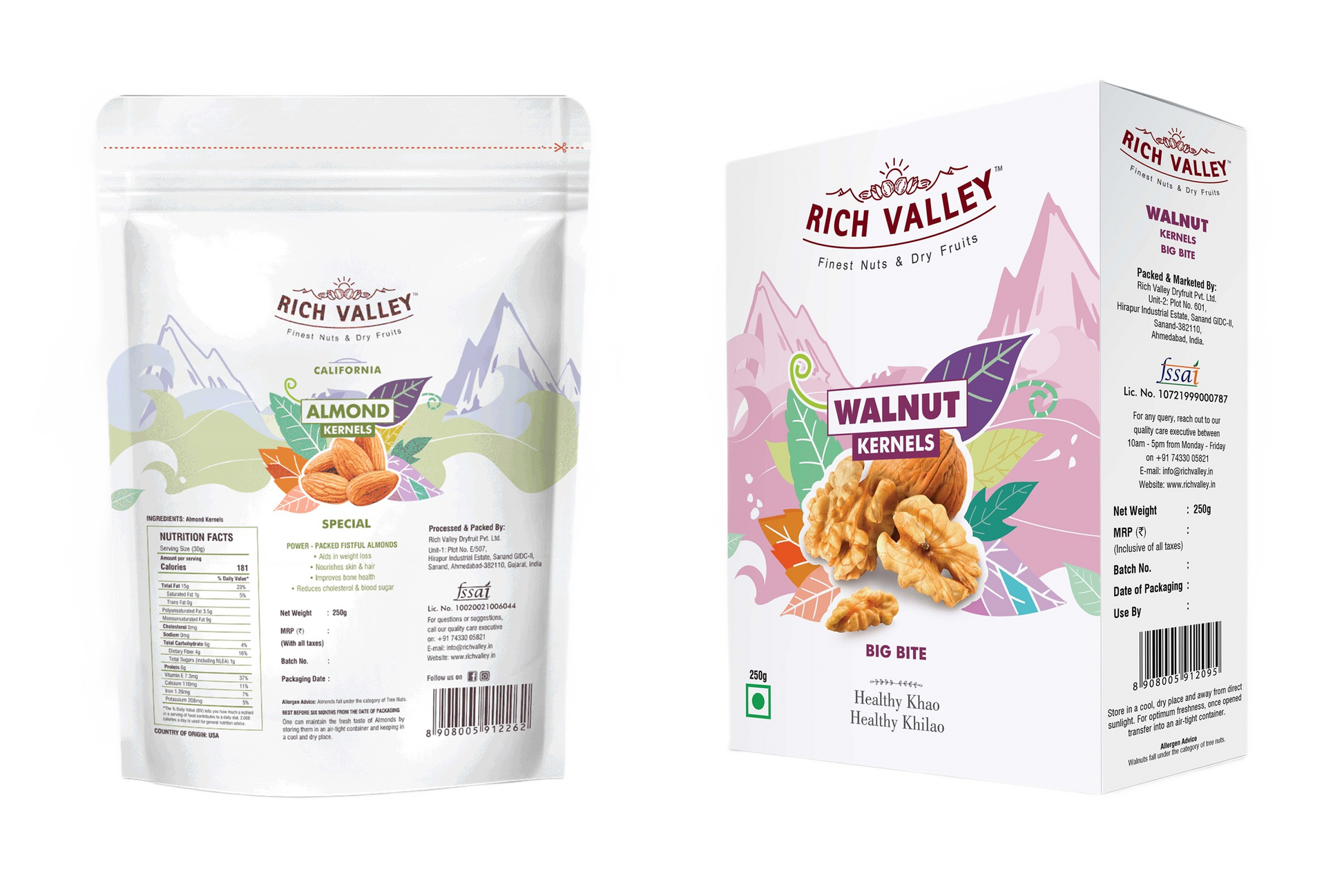 Rich Valley almond and walnut packaging on white background