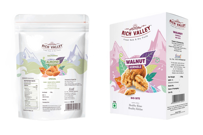 Rich Valley almond and walnut packaging on white background