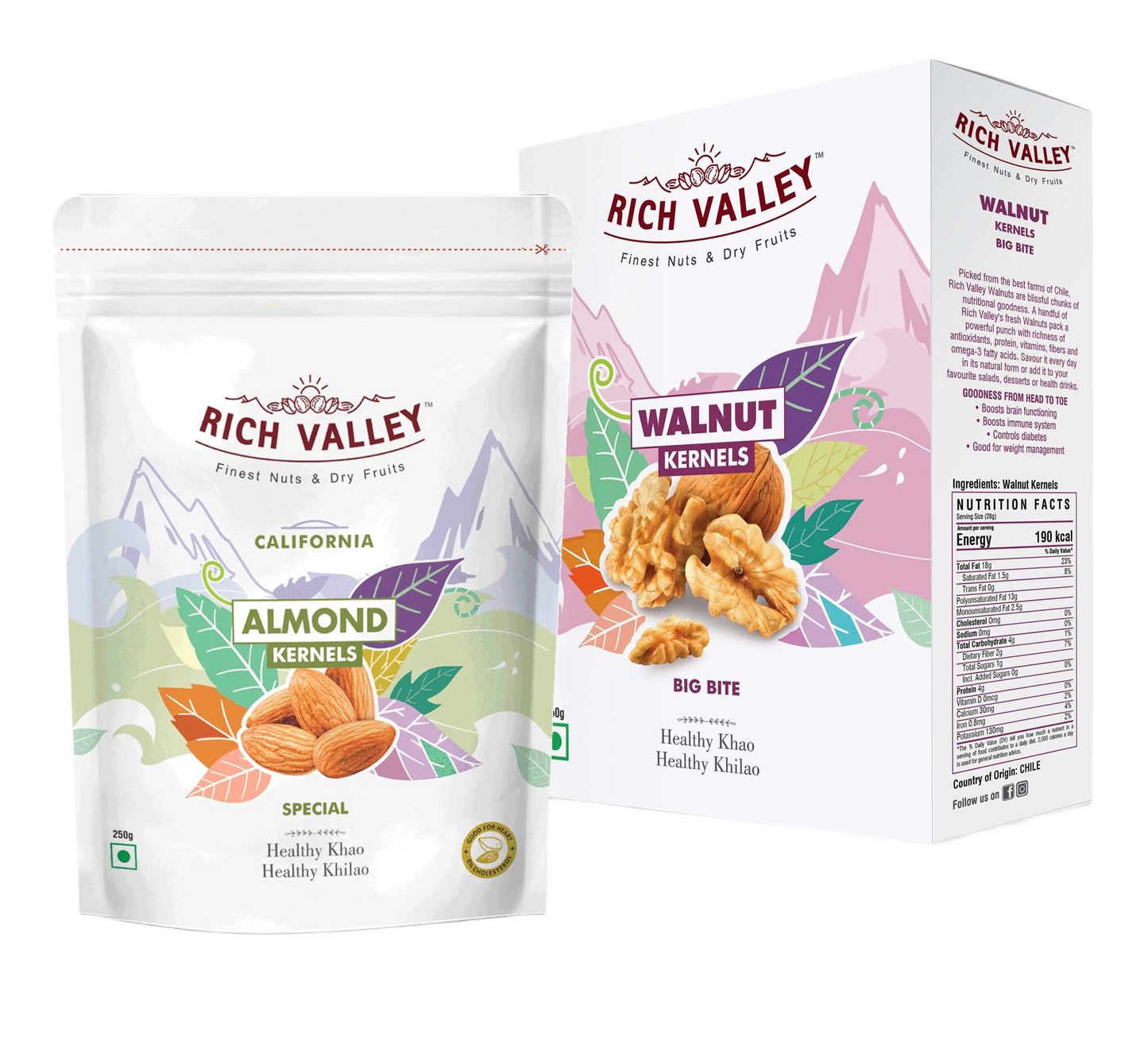 Rich Valley almond and walnut kernels packaging on white background