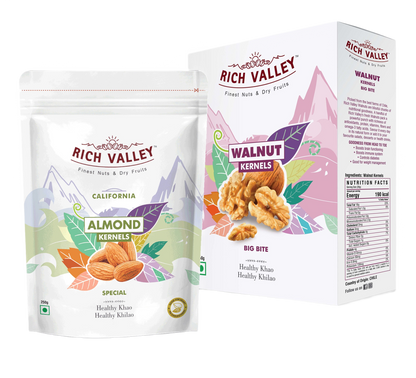 Rich Valley almond and walnut kernels packaging on white background