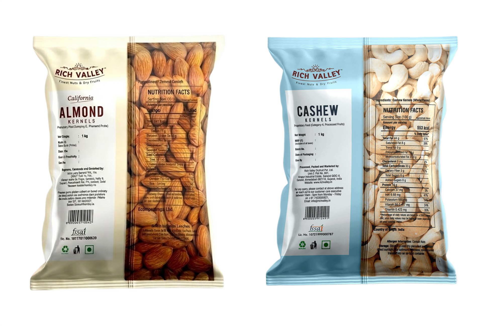 Two Rich Valley packages of almonds and cashews on white background