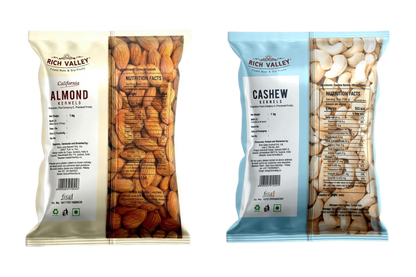 Two Rich Valley packages of almonds and cashews on white background