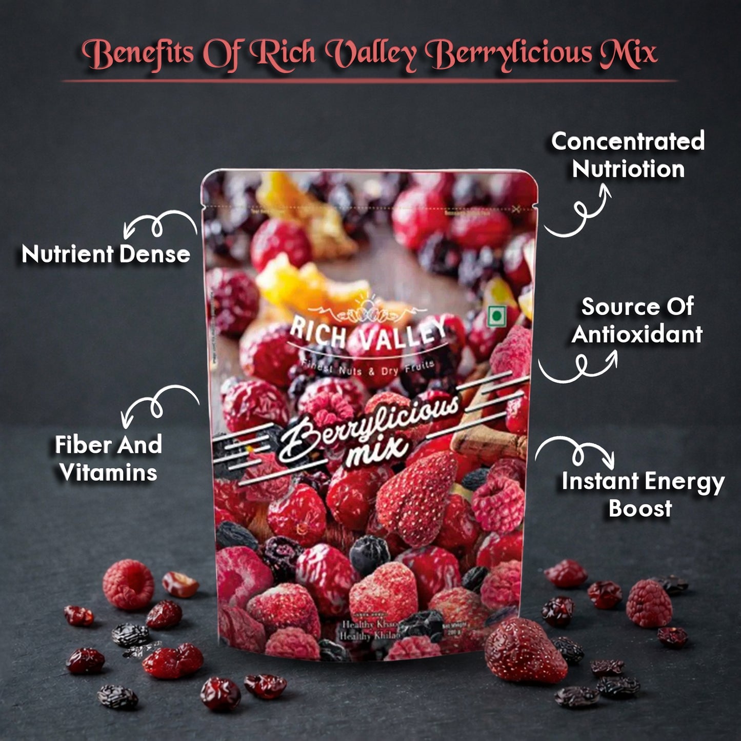 Rich Valley Berrylicious mix packaging with nutritional benefits text on a dark background