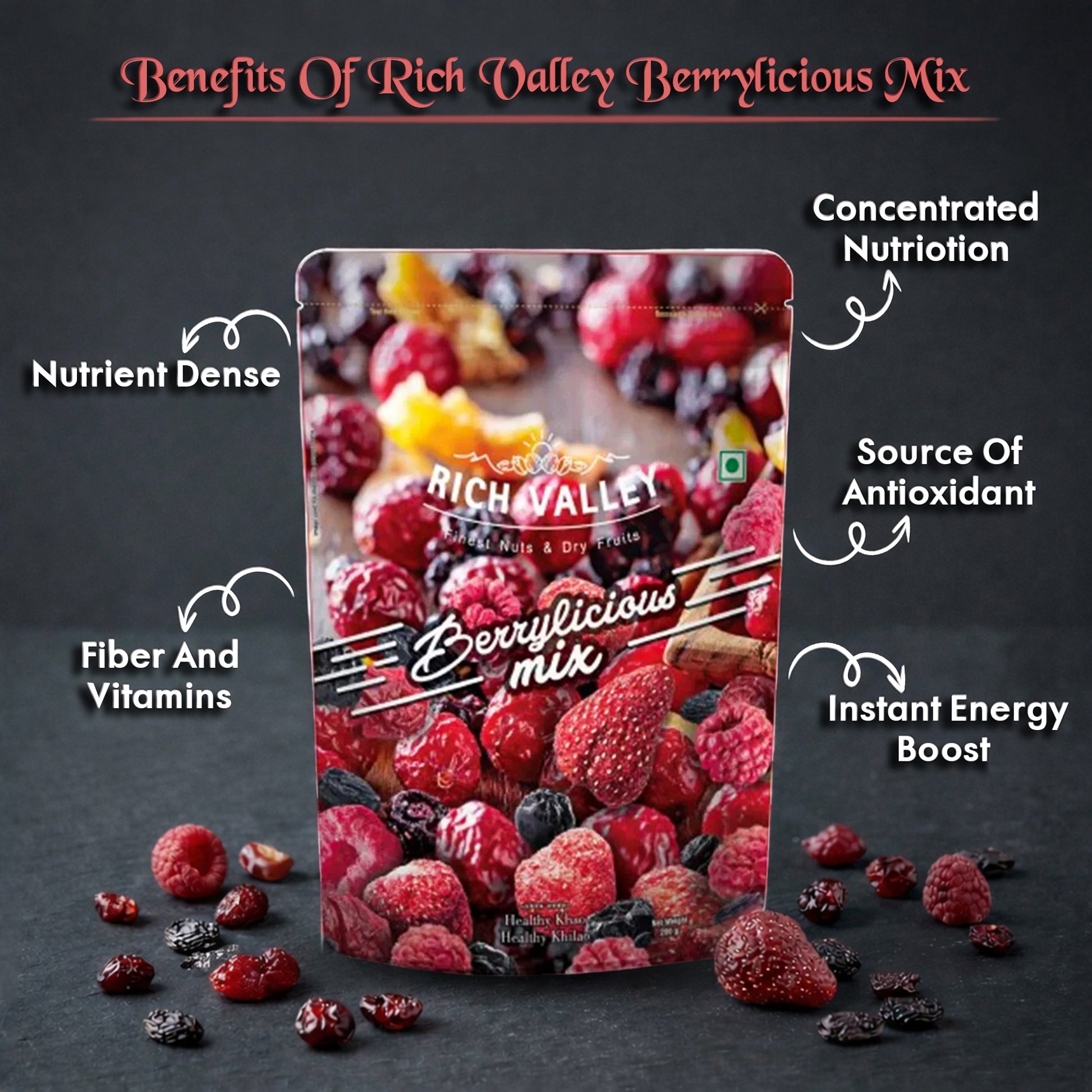Rich Valley Berrylicious mix packaging with nutritional benefits text on a dark background