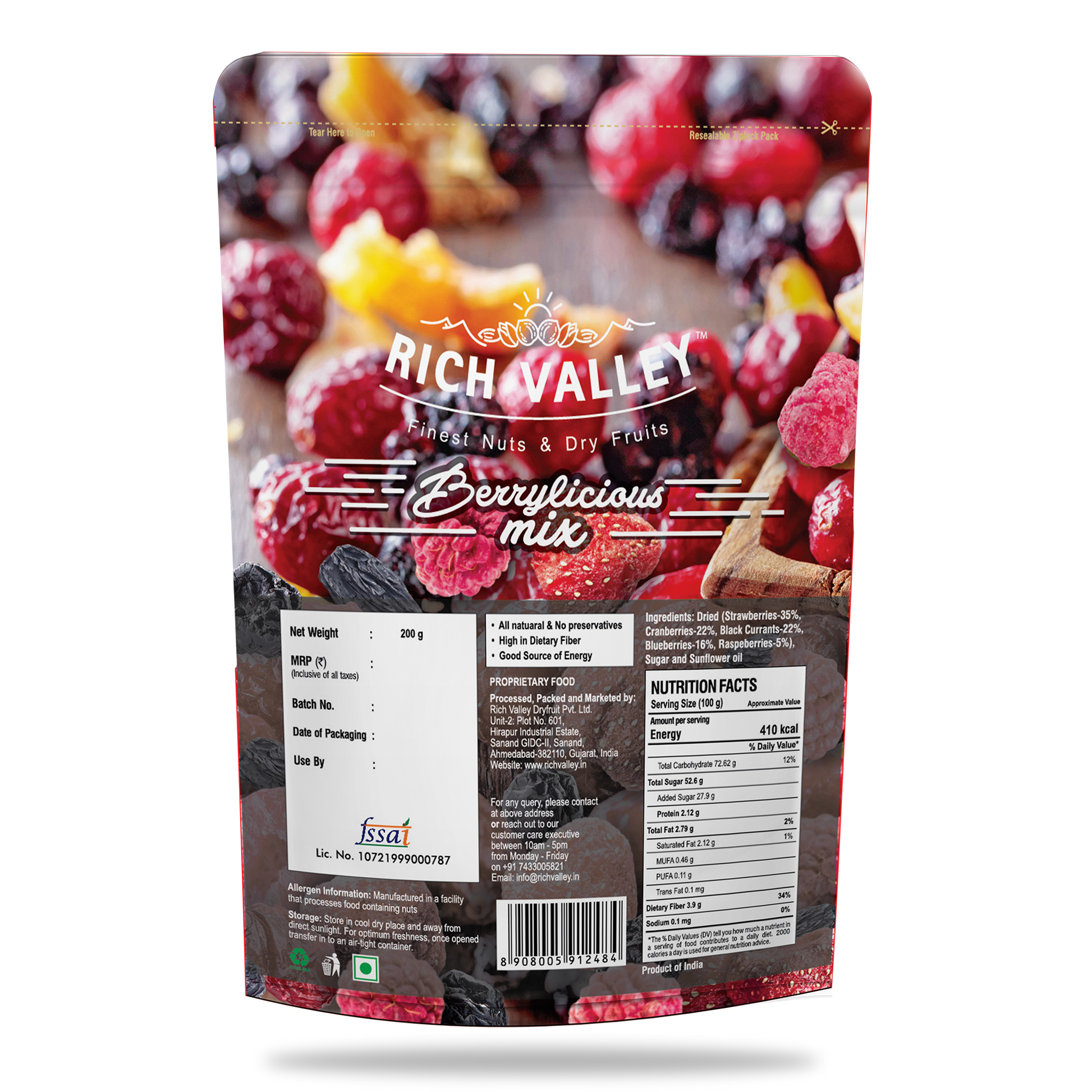 Rich Valley Berrylicious mix packaging with berries and nuts on a white background