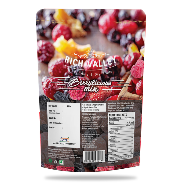 Rich Valley Berrylicious mix packaging with berries and nuts on a white background