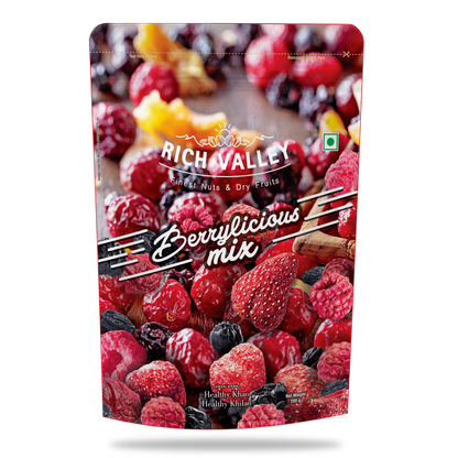Rich Valley Berylicious mix packaging with berries and nuts on a wh