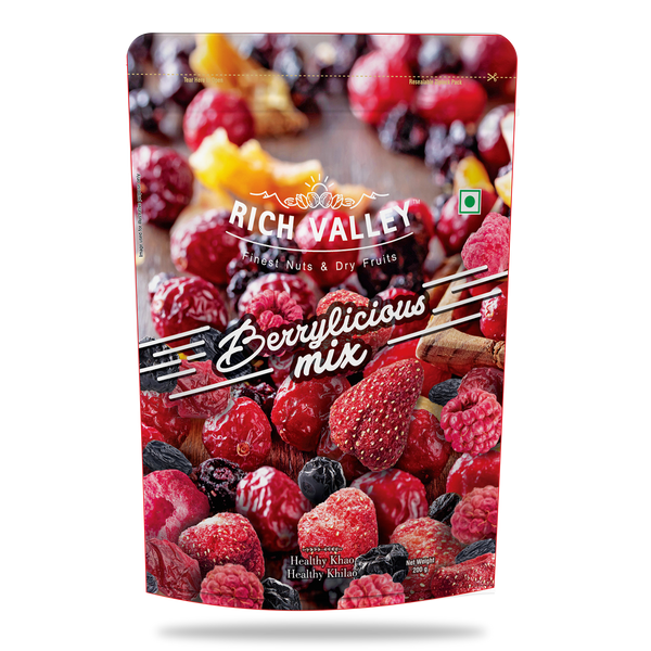 Rich Valley Berylicious mix packaging with berries and nuts on a wh