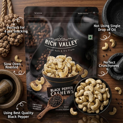 Rich Valley black pepper cashews packaging with cashews and black pepper on a wooden background