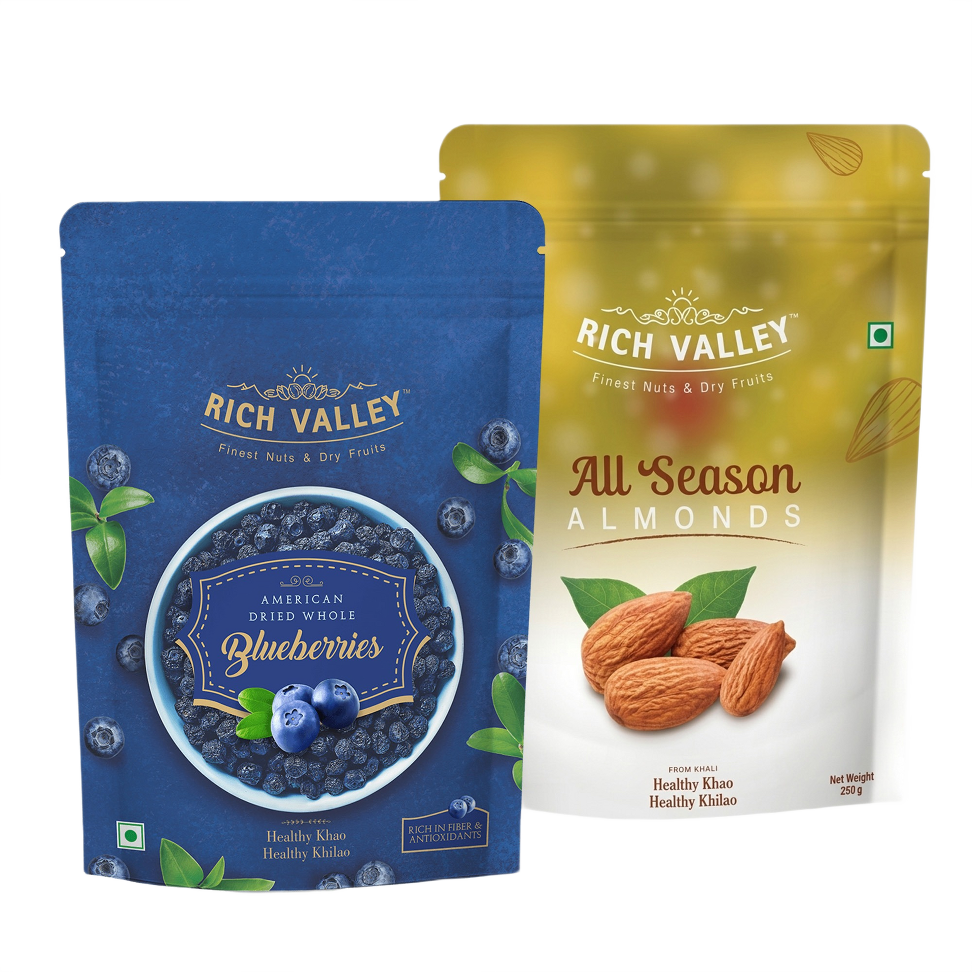 Two Rich Valley packages of blueberries and almonds on white background
