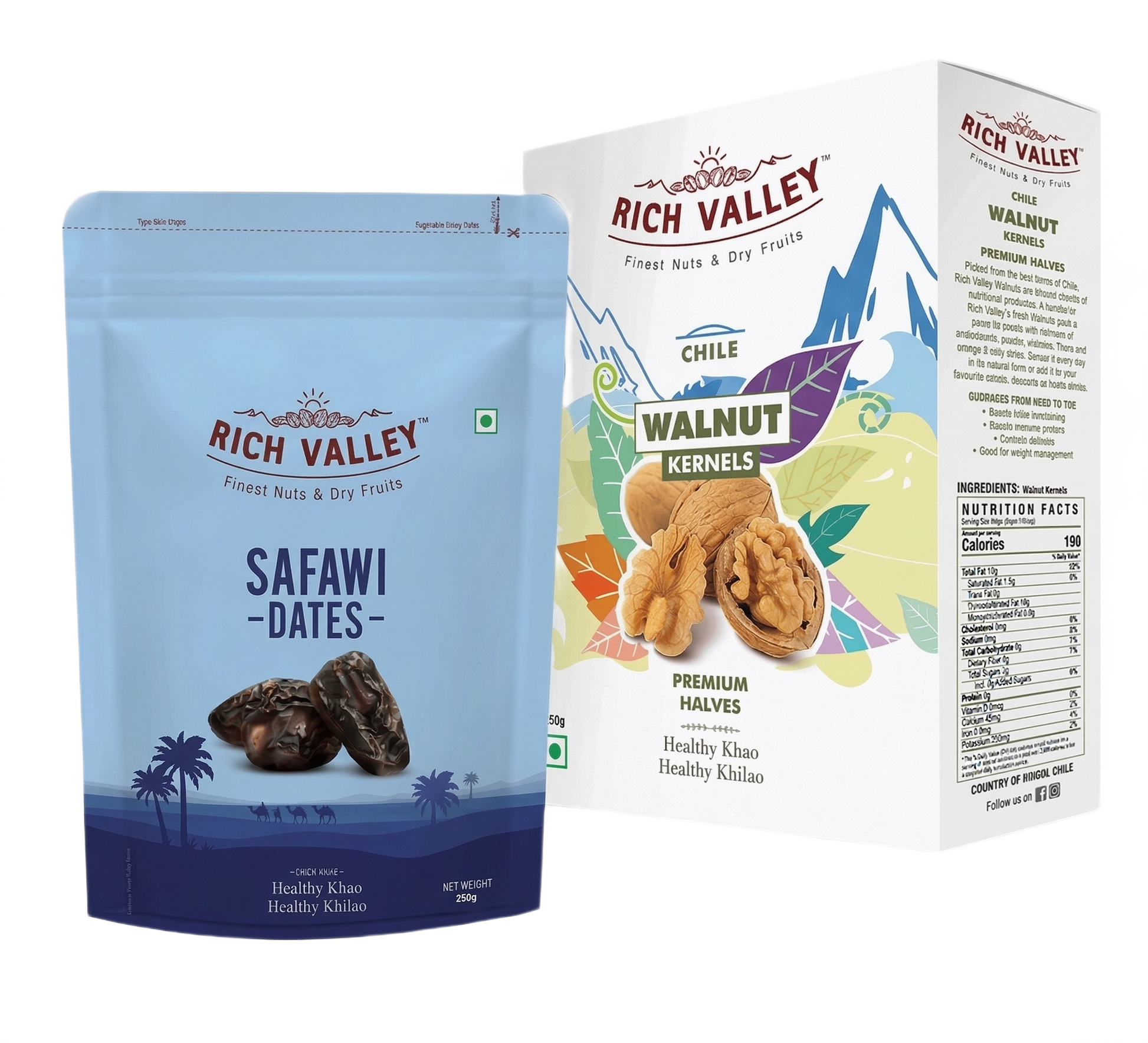 Two Rich Valley dried fruit packages with blueberries and cranberries on white background