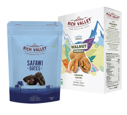 Two Rich Valley dried fruit packages with blueberries and cranberries on white background