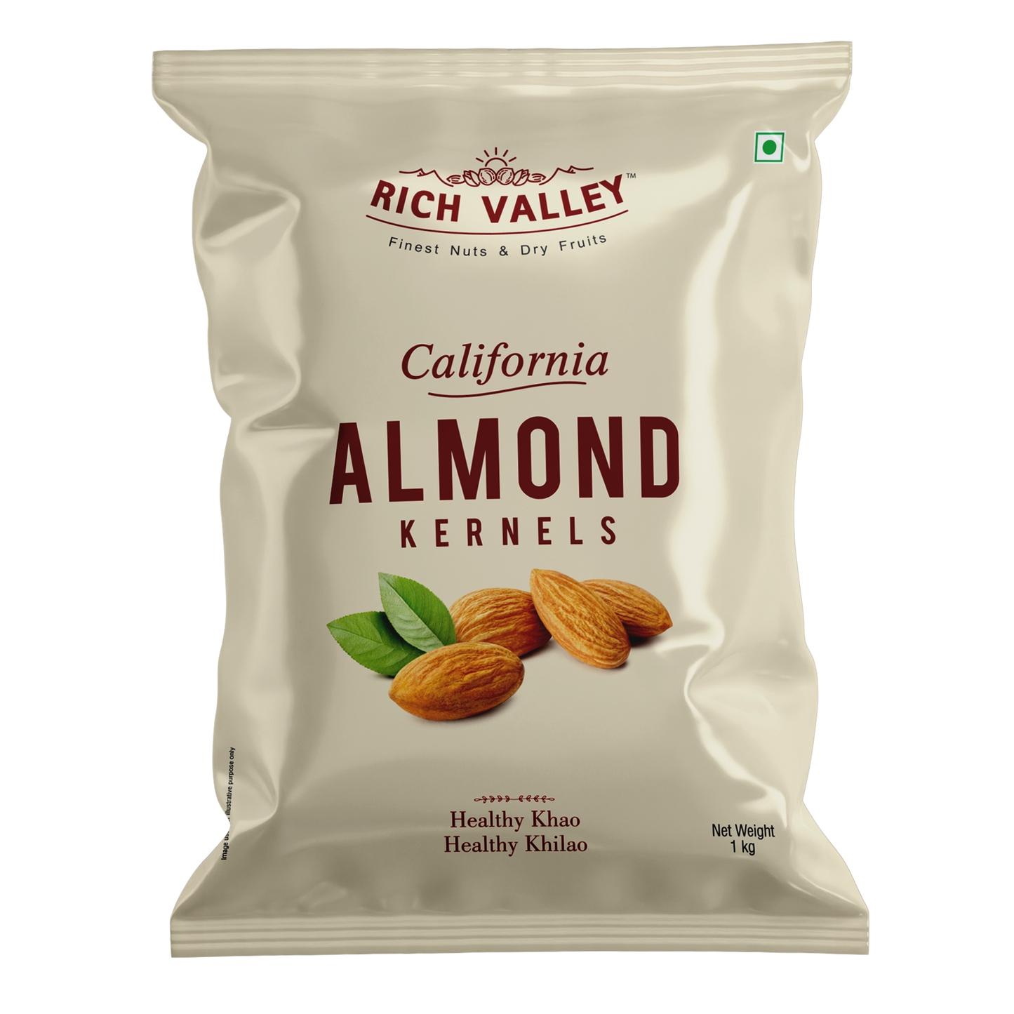 Rich Valley California almond kernels packaging on a white background