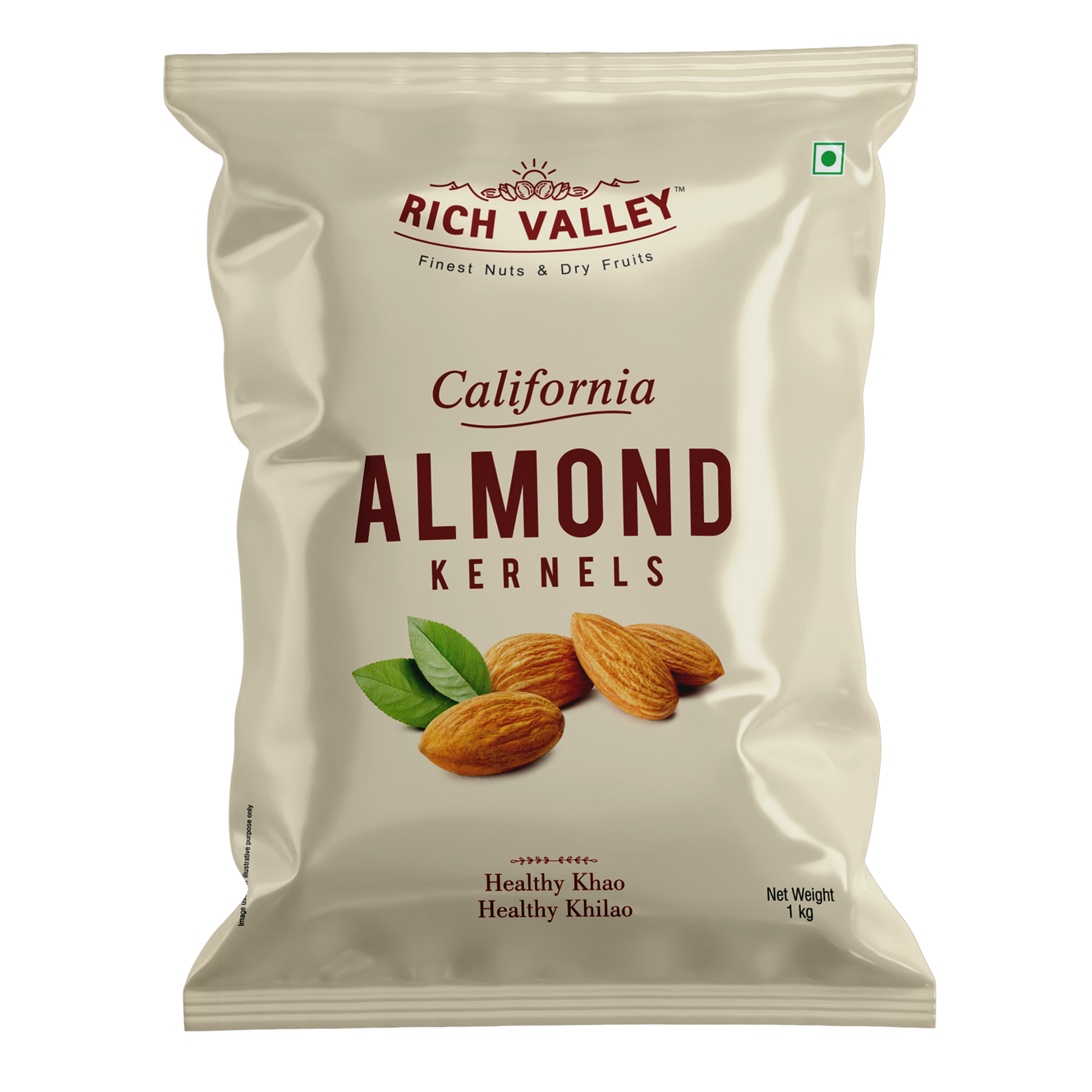 Rich Valley California almond kernels packaging on a white background