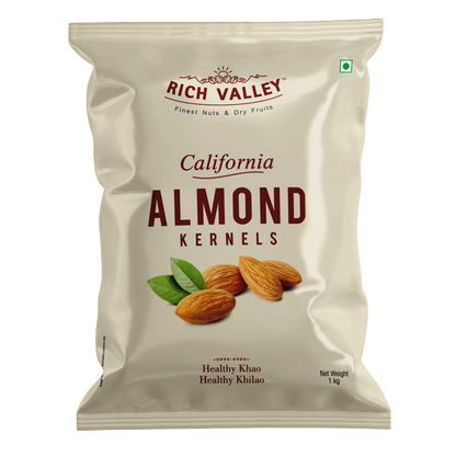 Rich Valley California almond kernels packaging on a white background