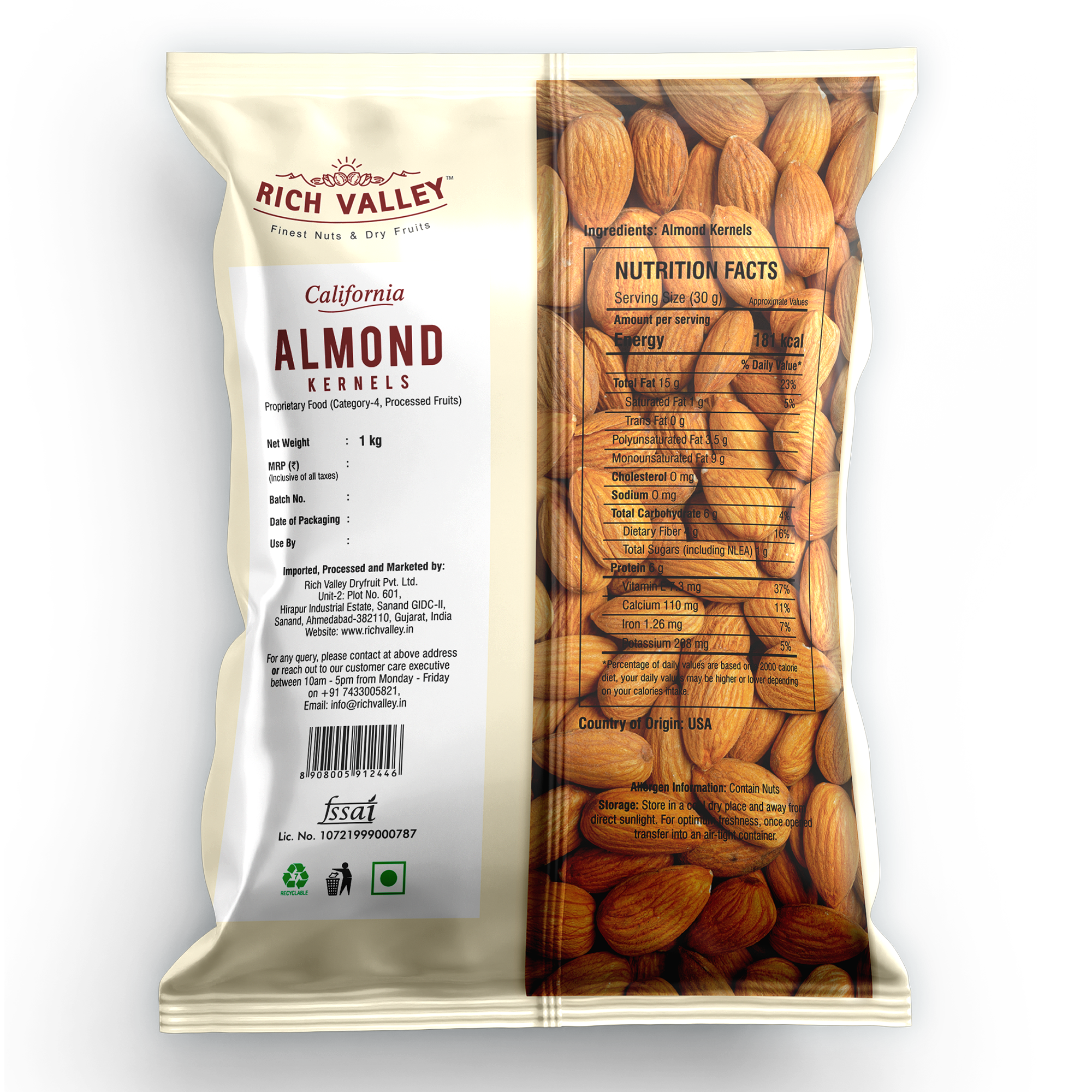 California Almond Kernels, 1kg – Premium And Crunchy – Rich Valley Dryfruit
