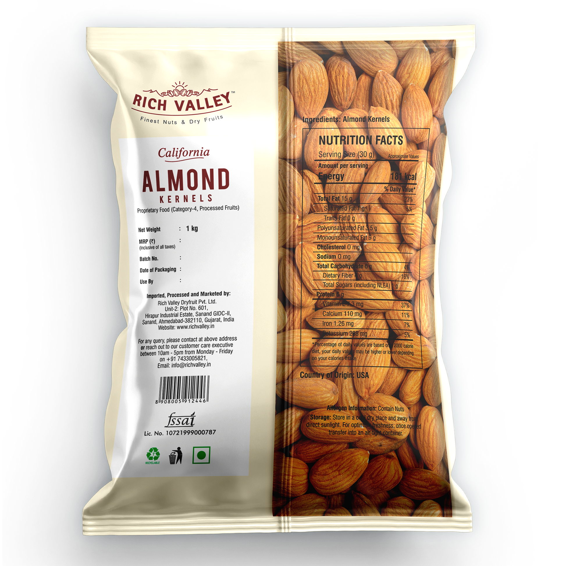 Rich Valley California almond kernels packaging with visible almonds on the side