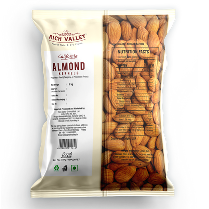 Rich Valley California almond kernels packaging with visible almonds on the side