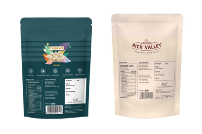 Two packaging designs for cashew and Rich Valley products on white background