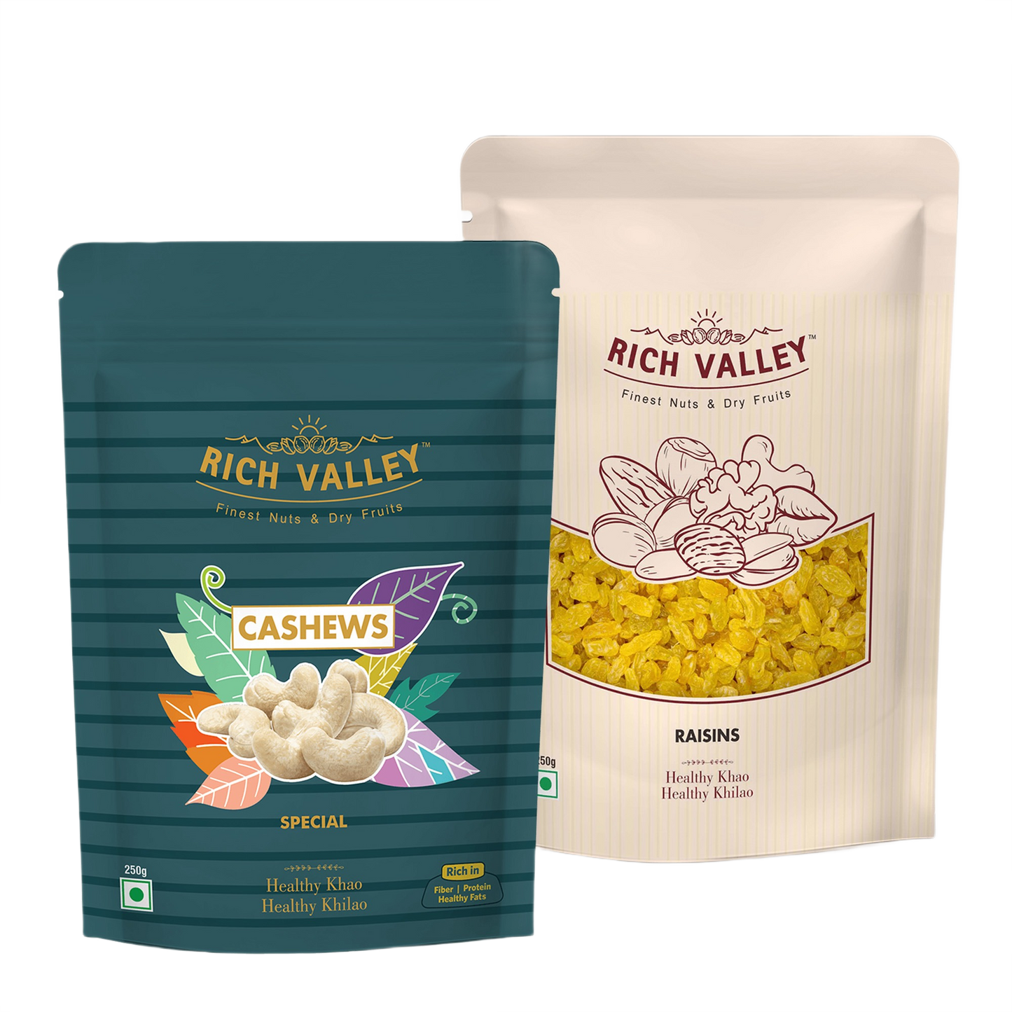 Two Rich Valley packages of cashews and raisins on white background