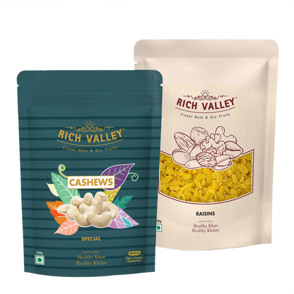 Two Rich Valley packages of cashews and raisins on white background