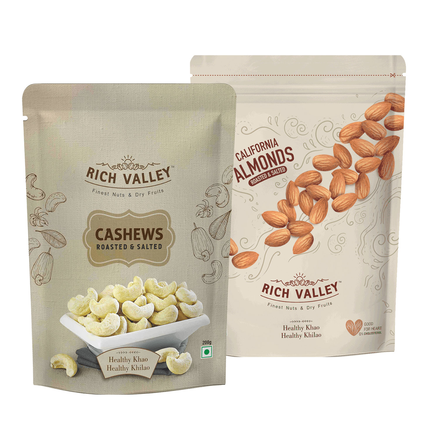 Two packages of Rich Valley cashews and almonds on a white background