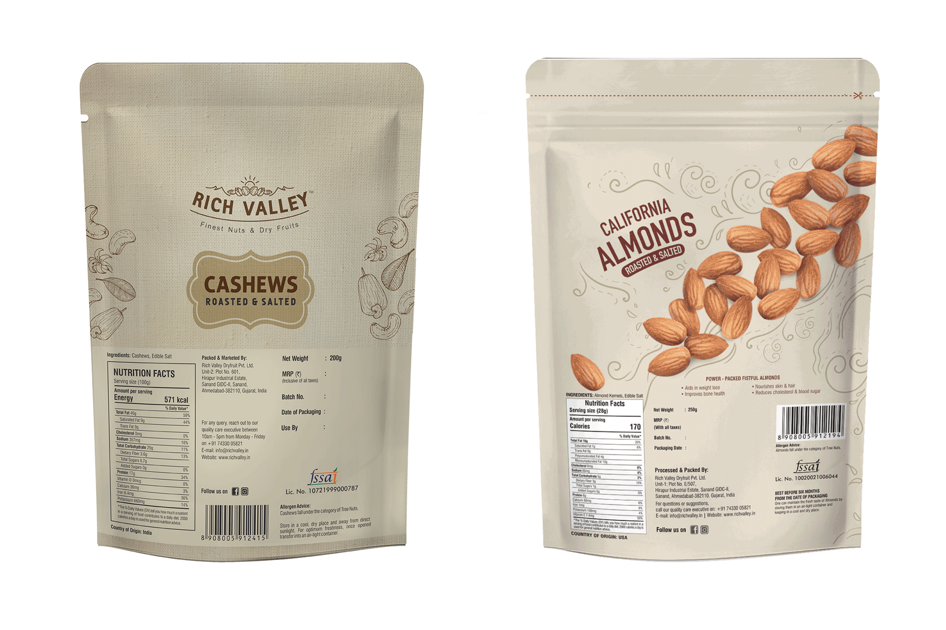 Two packages of Rich Valley cashews and California almonds on a white background