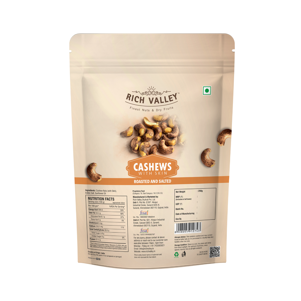 Packaged cashews with Rich Valley branding on a white background