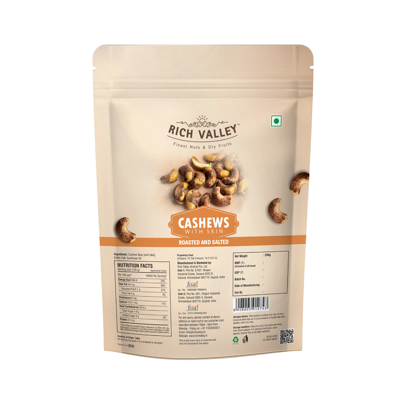 Packaged cashews with Rich Valley branding on a white background