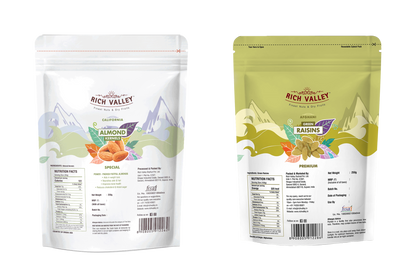 Two packaging designs for cashews and raisins with visible branding and nutritional information
