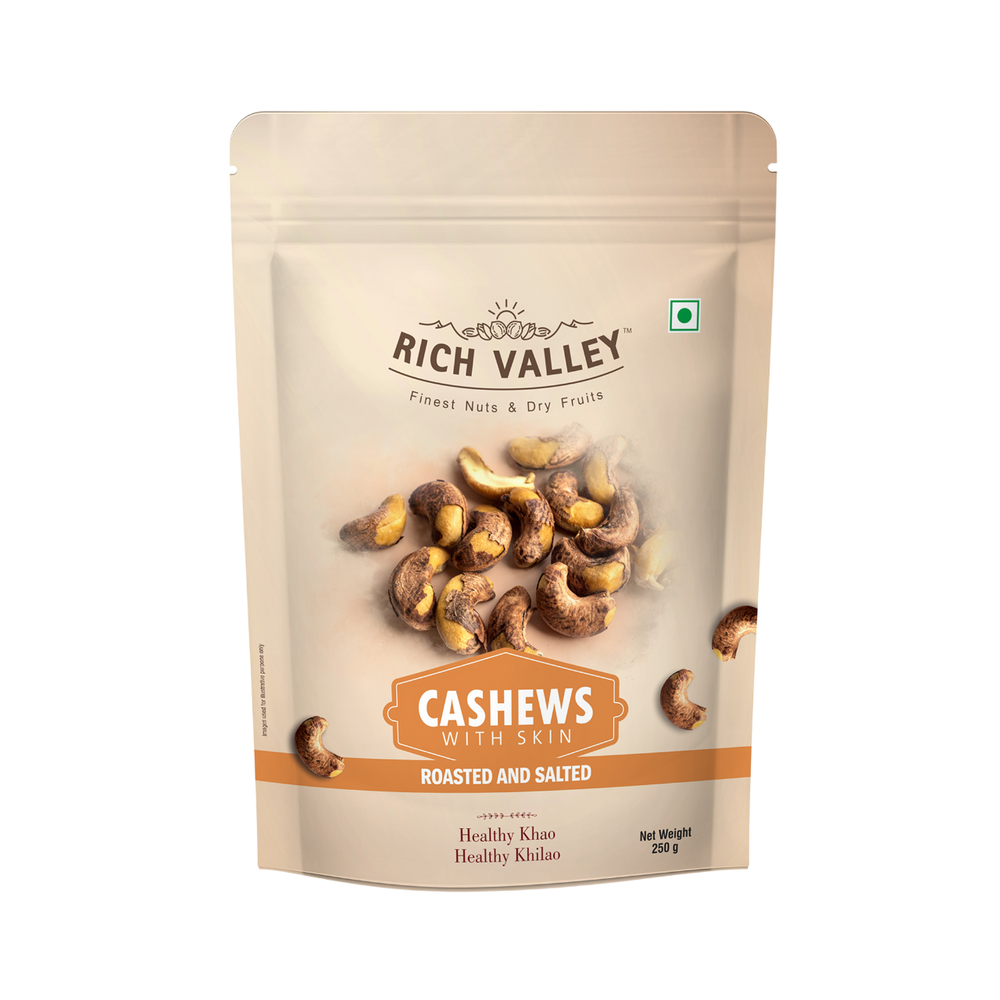 Packaged cashews with skin from Rich Valley on a white background