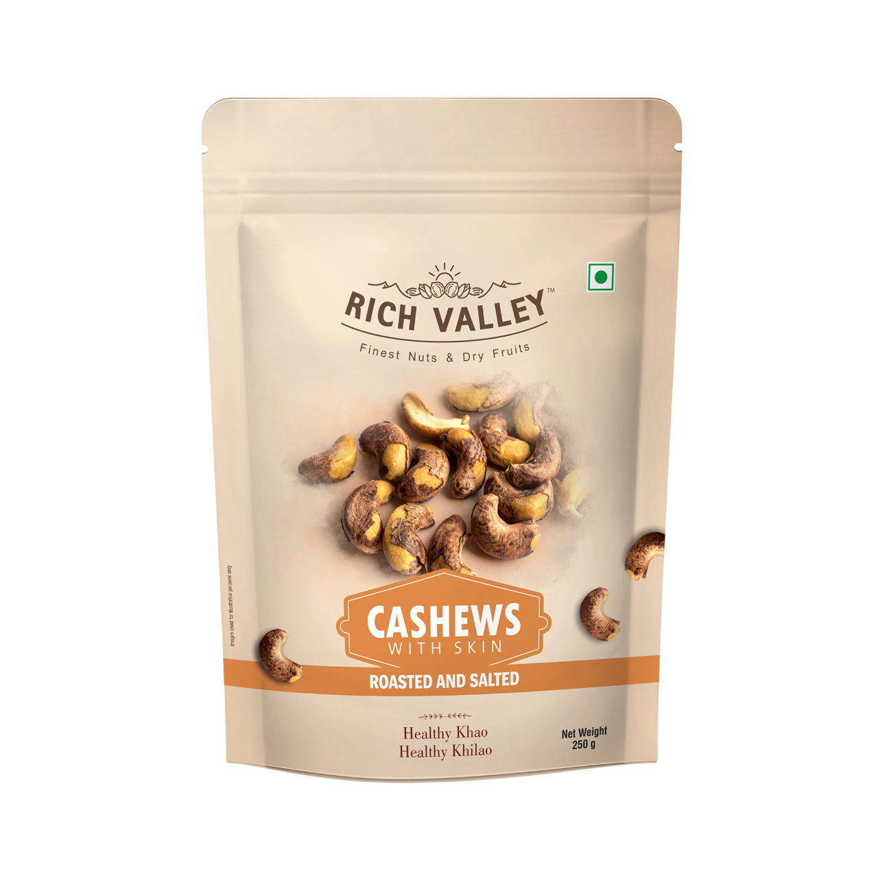 Packaged cashews with skin from Rich Valley on a white background