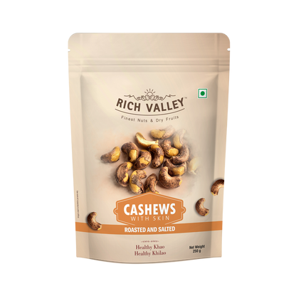 Packaged cashews with skin from Rich Valley on a white background