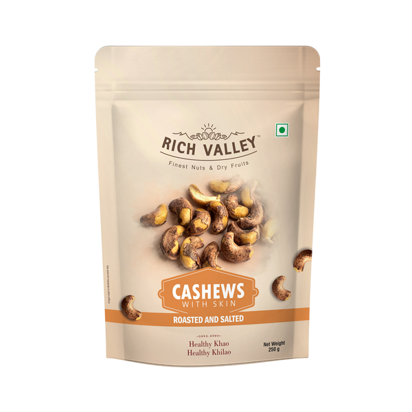 Packaged cashews with skin from Rich Valley on a white background