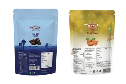Two Rich Valley date packaging packs on white background