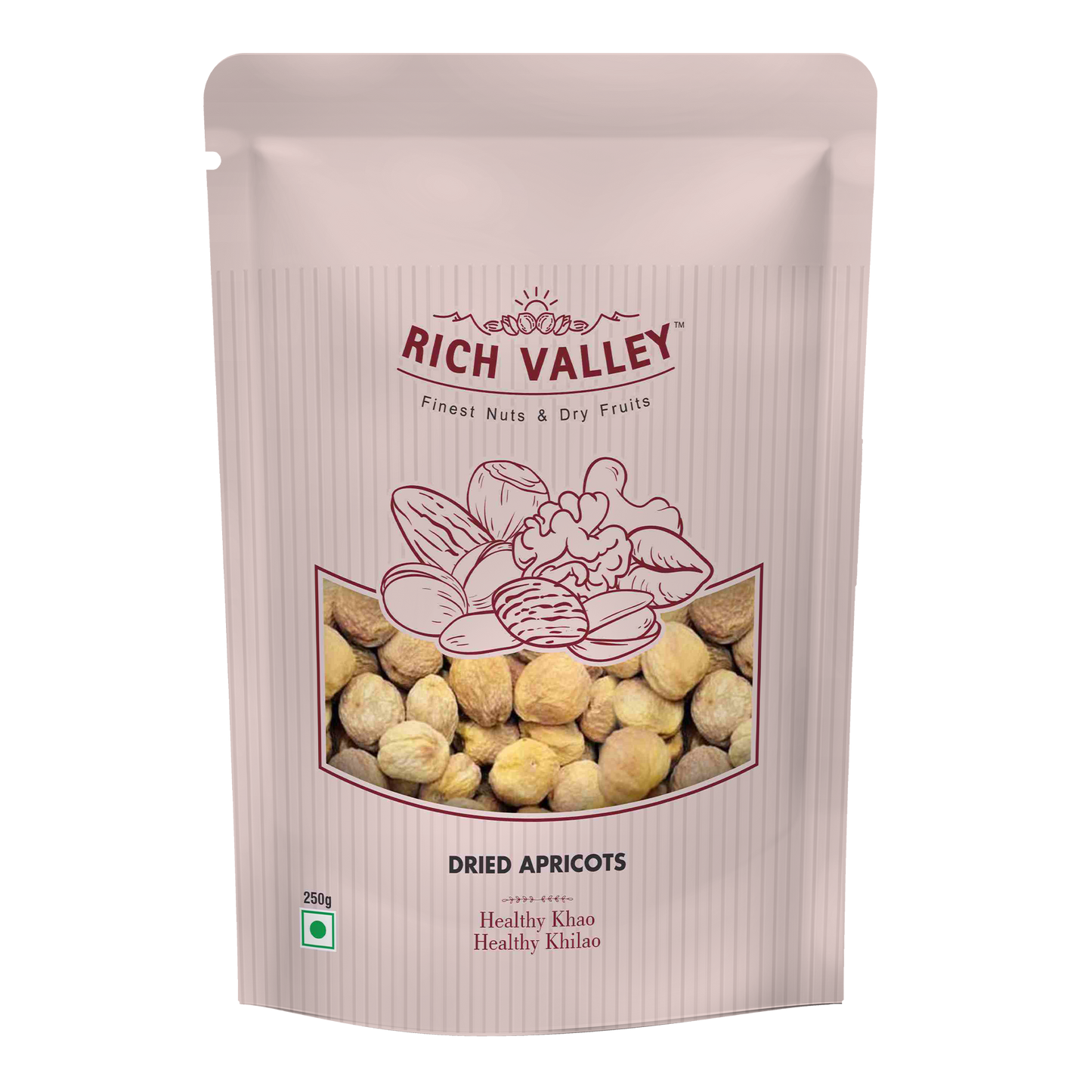 Rich Valley dried apricots packaging on white background