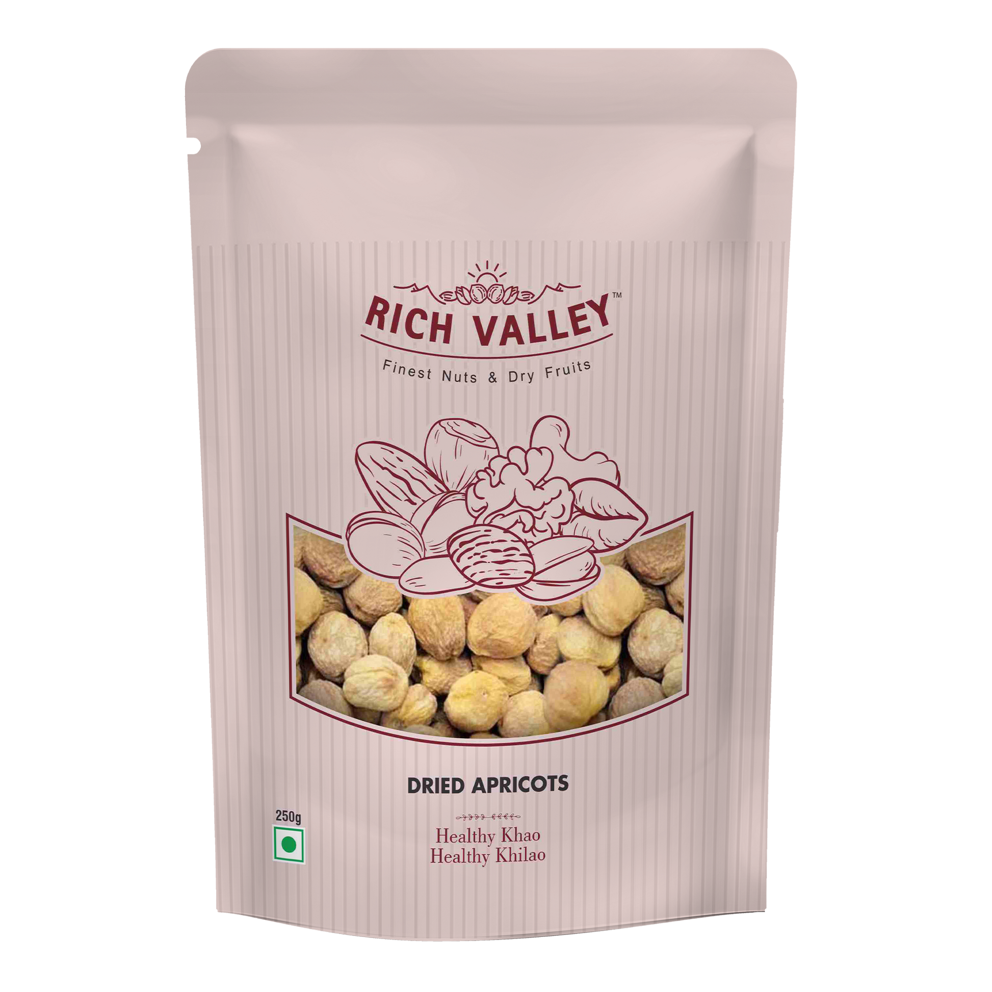 Rich Valley dried apricots packaging on white background