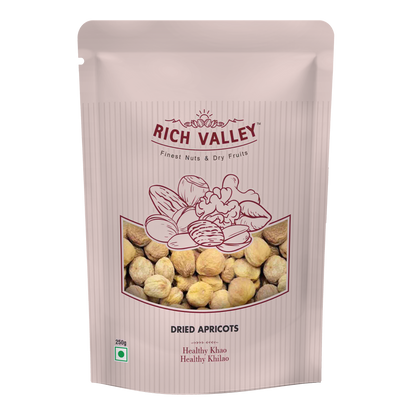 Rich Valley dried apricots packaging on white background