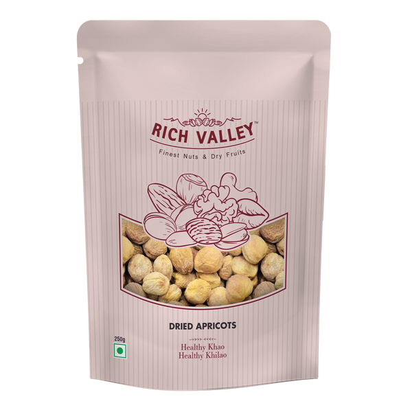 Rich Valley dried apricots packaging on white background