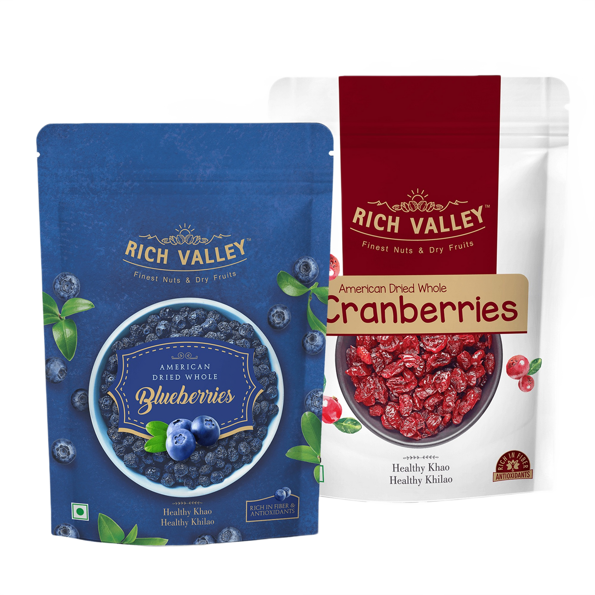 Two Rich Valley dried fruit packages with blueberries and cranberries on white background