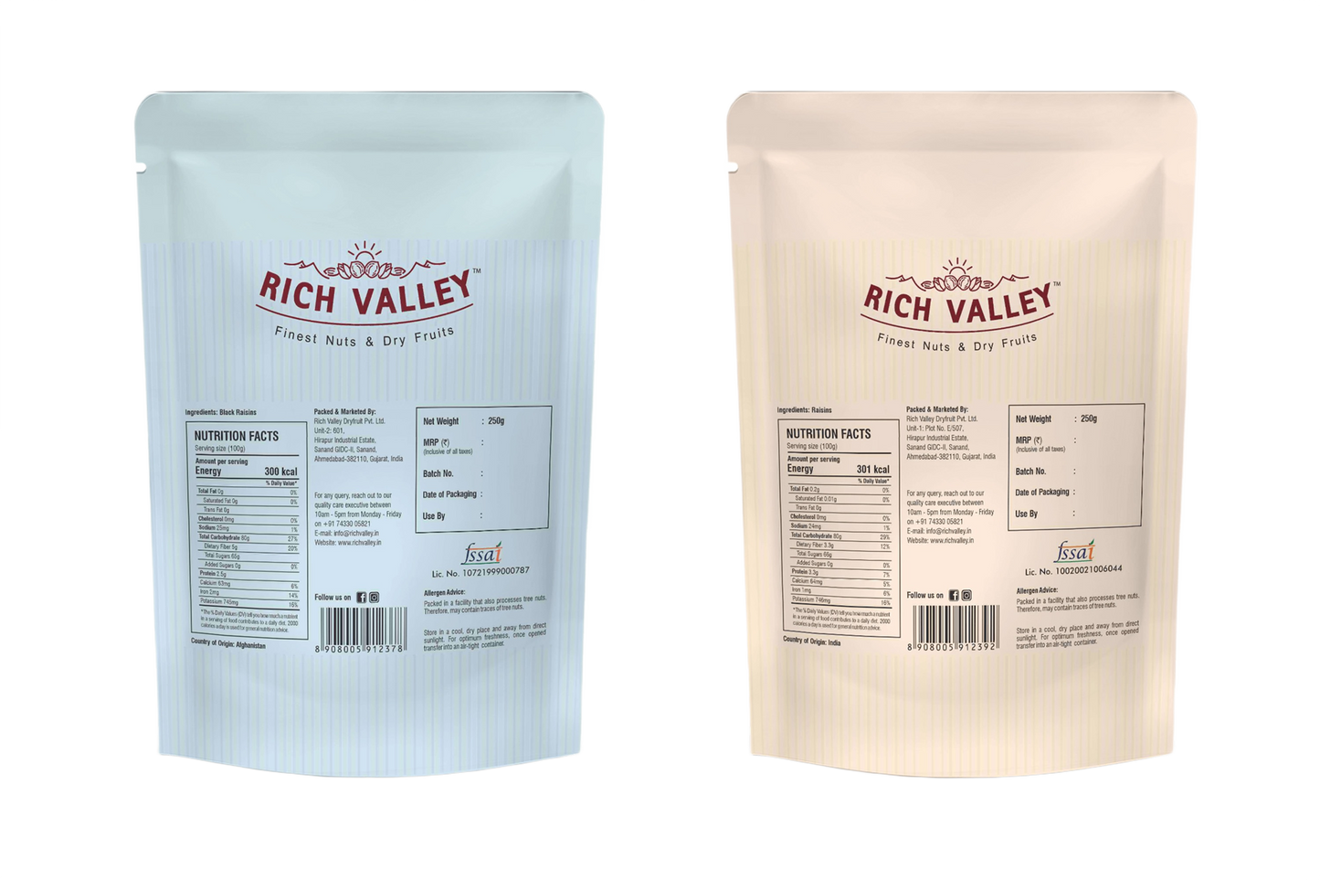 Two Rich Valley food product packages on white background