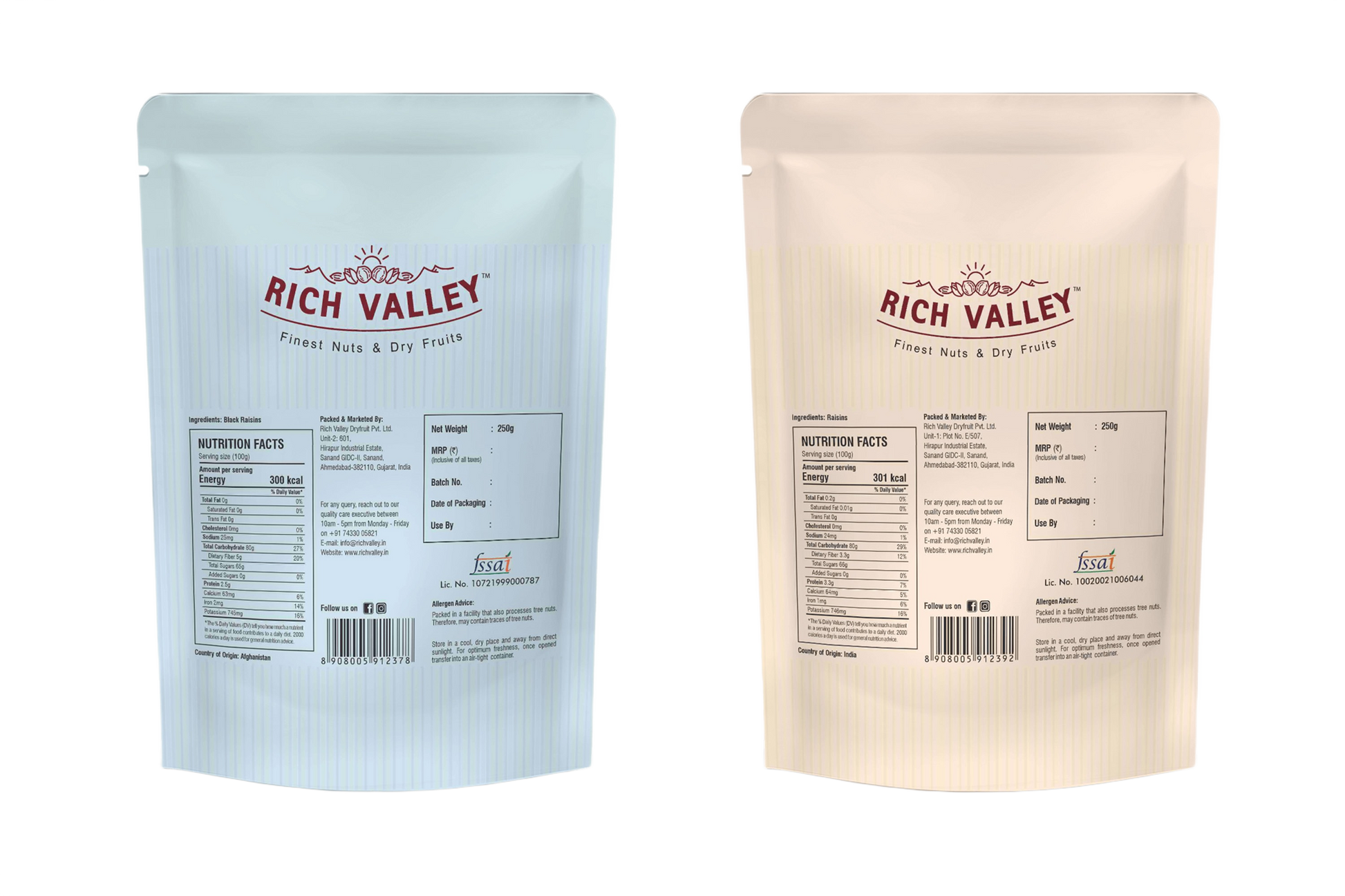 Two Rich Valley food product packages on white background