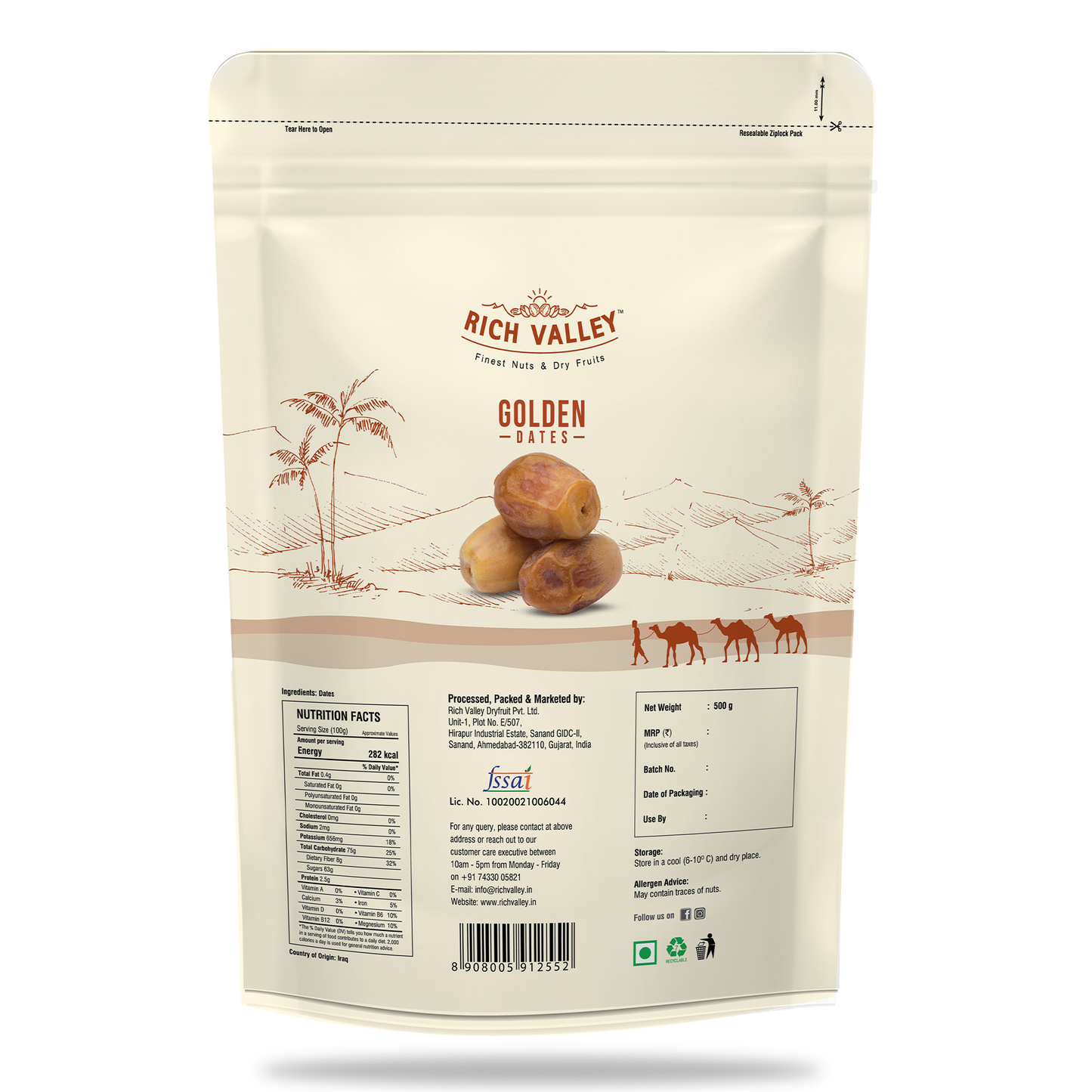 Rich Valley golden dates packaging with nutritional information on white background