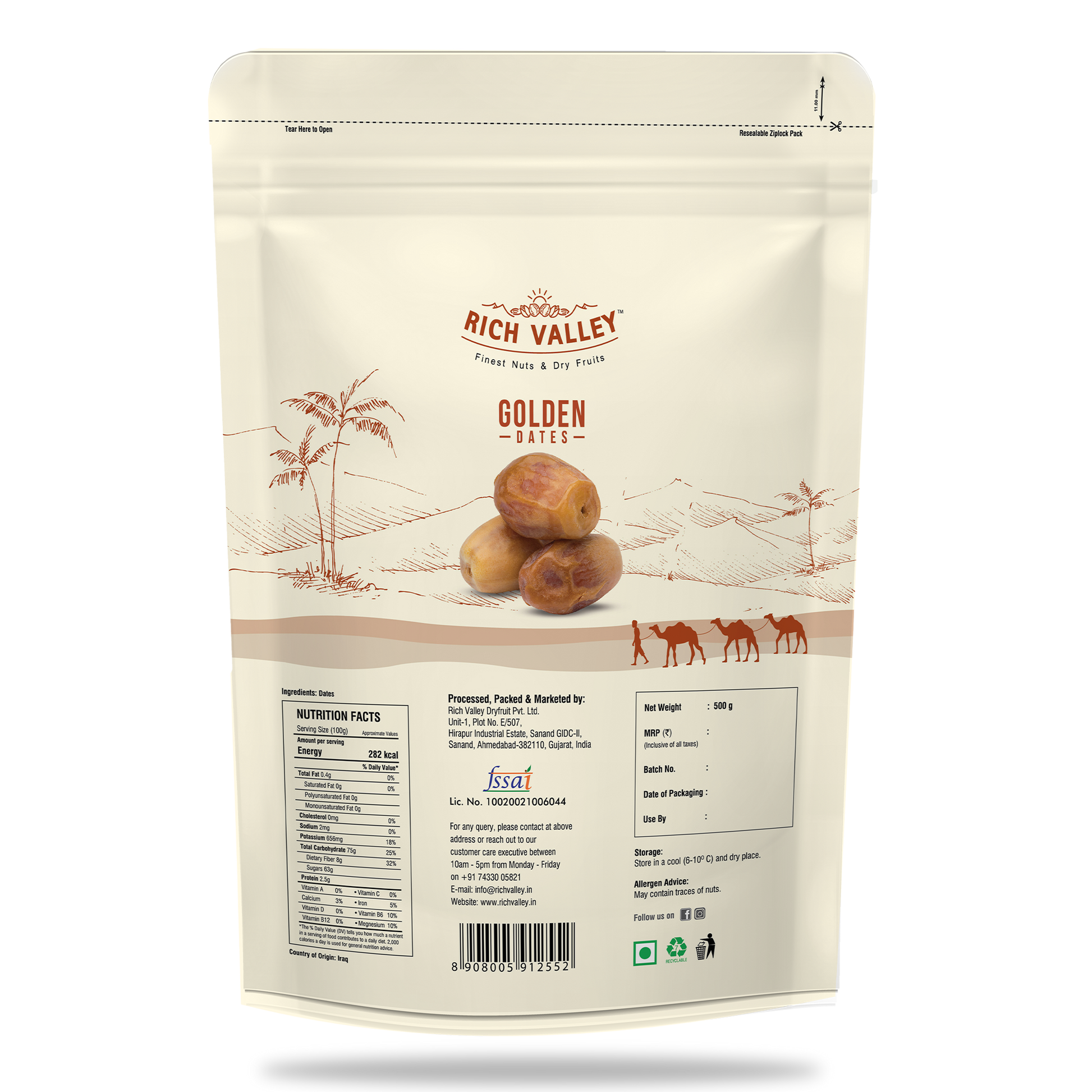 Rich Valley golden dates packaging with nutritional information on white background