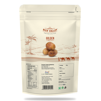 Rich Valley golden dates packaging with nutritional information on white background