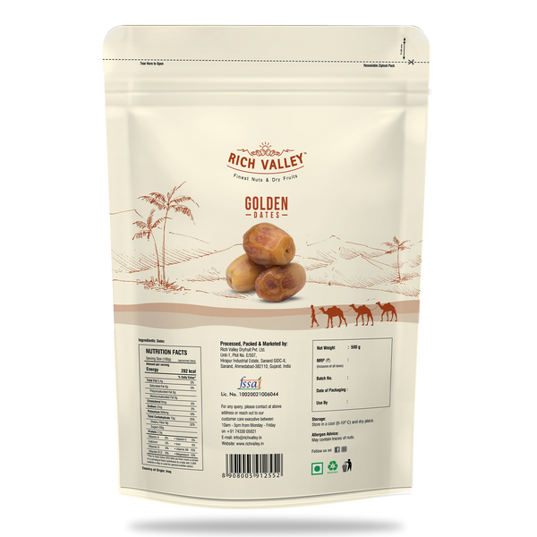 Rich Valley golden dates packaging with nutritional information on white background
