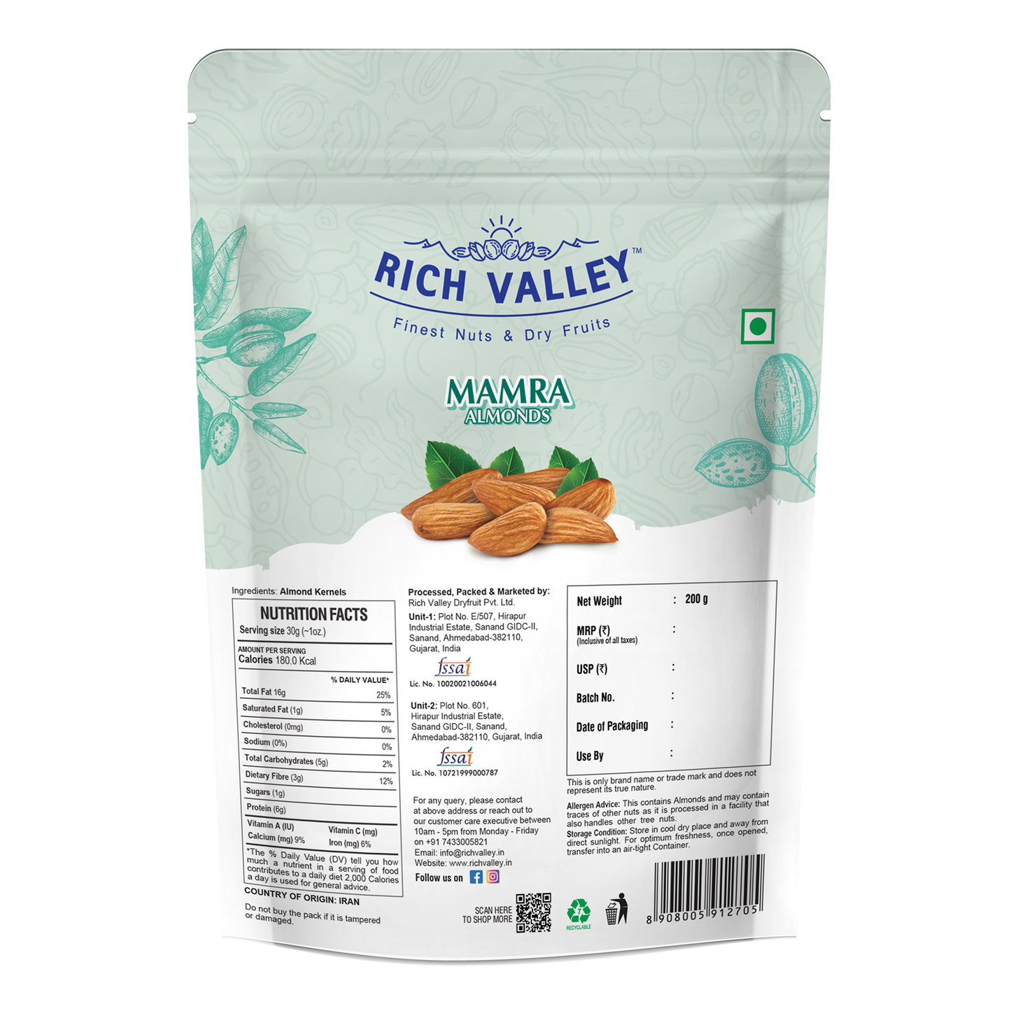 Rich Valley Mamra almonds packaging on a white background