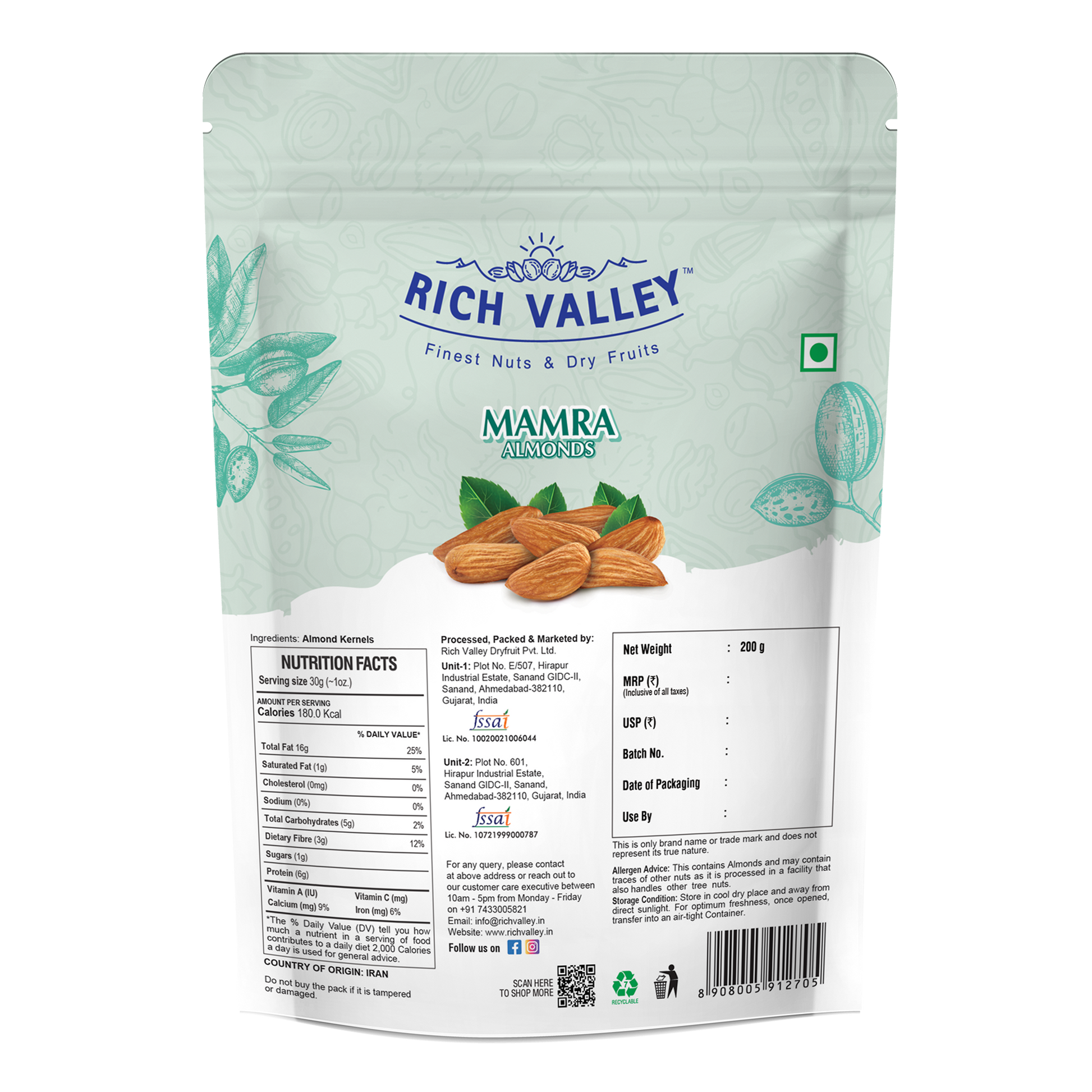 Rich Valley Mamra almonds packaging on a white background