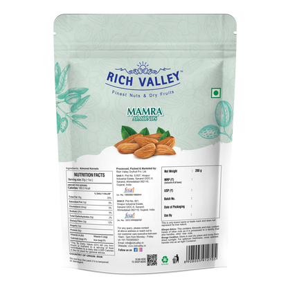 Rich Valley Mamra almonds packaging on a white background